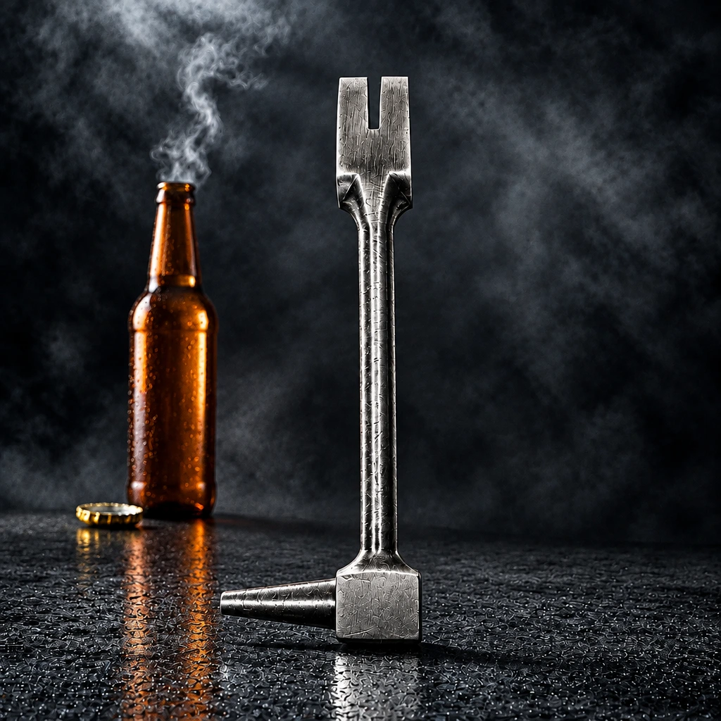 Industrieel metalen gereedschap naast een bruine fles
